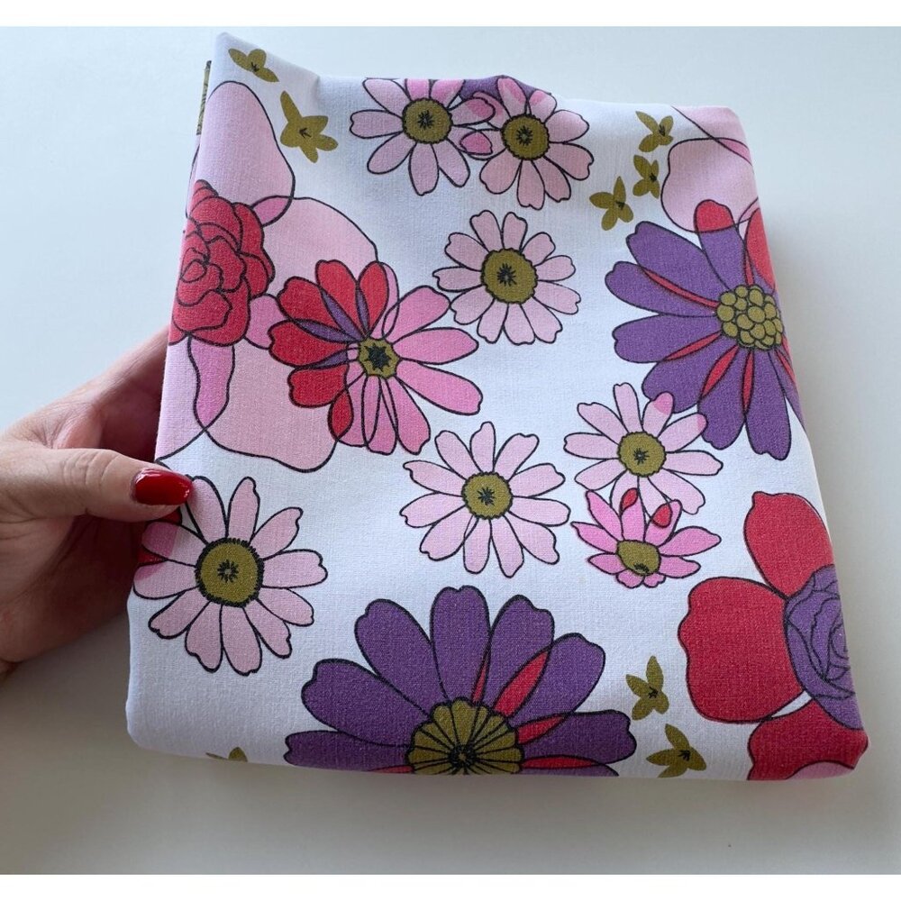 Vintage 70s floral tablecloth, colorful pink, red & purple linen, flower power